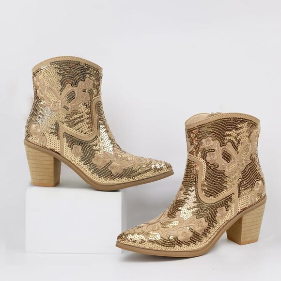 Women's Gold Western Low Cowgirl Boots With Zipper Short Pointed Toe Booties - Picture 7 of 7